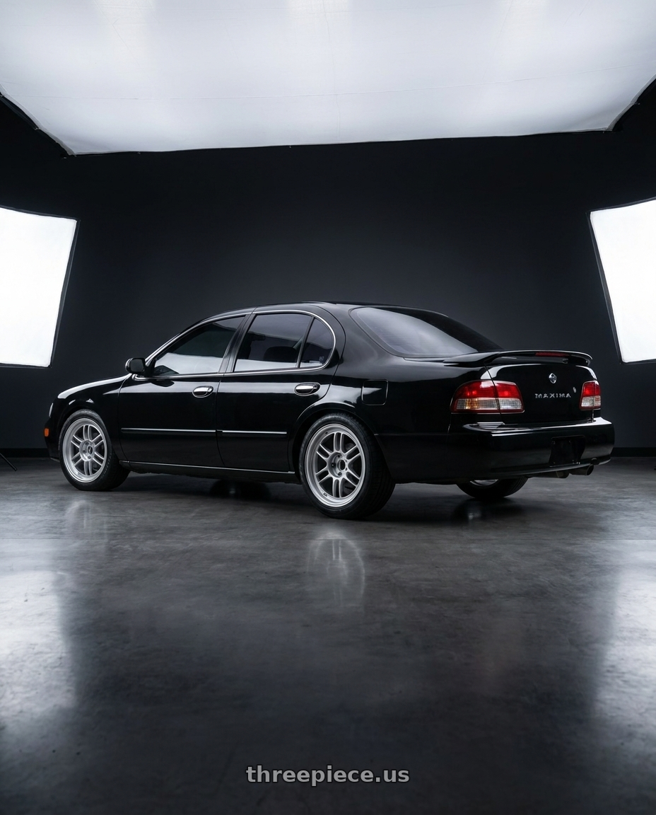 1996 Nissan maxima with Enkei RPF1 5x112 17x7.5+48 Silver wheels rear three quarter view square tires