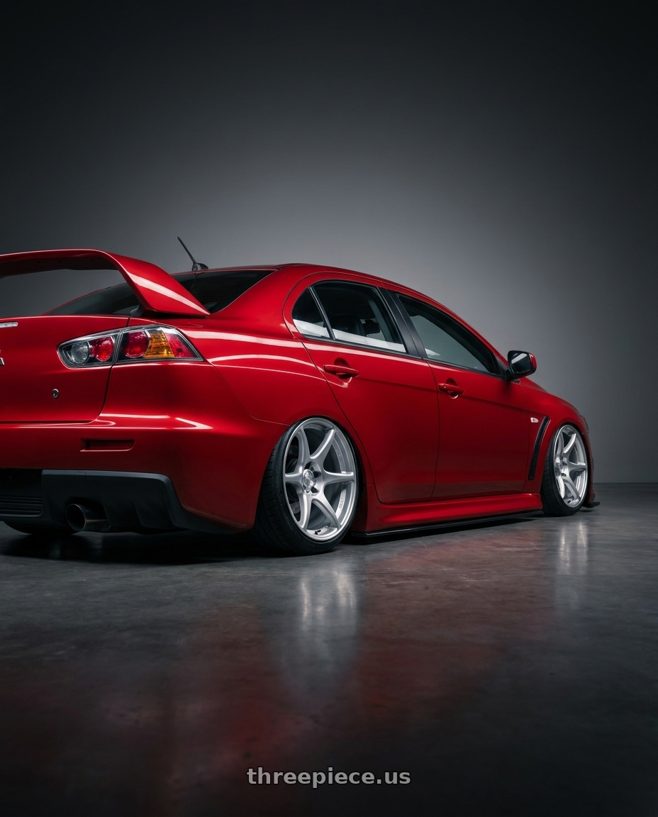 2012 Mitsubishi Lancer Evo X with Kansei K11S Tandem 5x114.3 18x10.5 12 Hyper Silver wheels rear three quarter view slight stretch tires