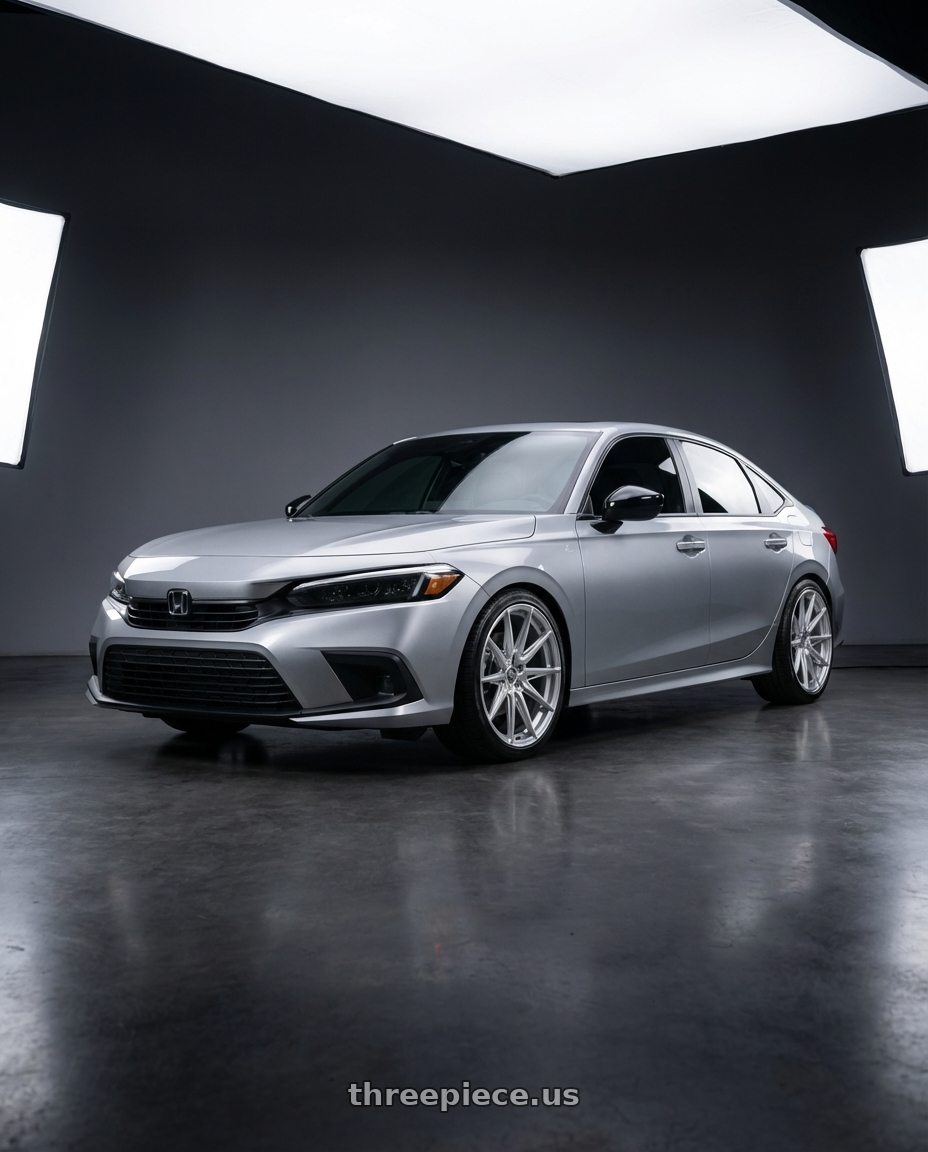 2024 Honda civic sport  with Brada Wheels CX2 5x114.3 19x10 +35 Brushed Hyper Silver wheels front three quarter view stock stance