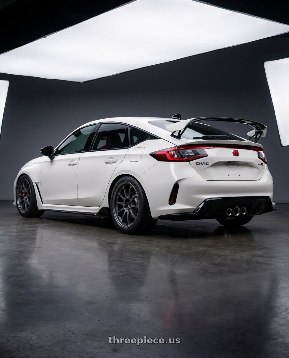 2024 Honda Civic Type R with Volk Racing CE28N-PLUS M-SPEC 5x114.3 18x10 +40 BLAST GUNMETAL wheels rear three quarter view square tires