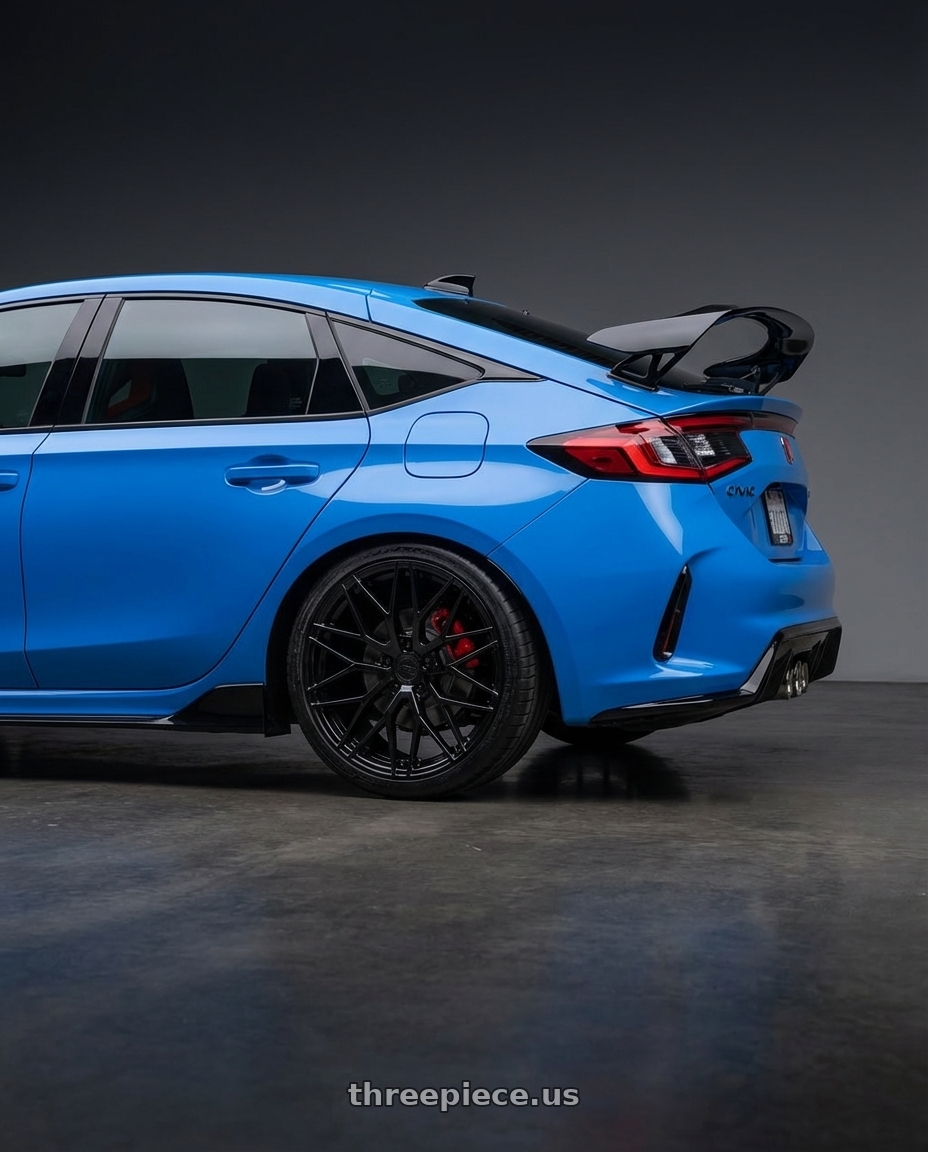 2024 Honda Civic Type R with Avant Garde Wheels M520R 5X120 19x8.5 +34 Gloss Black wheels rear three quarter view square tires