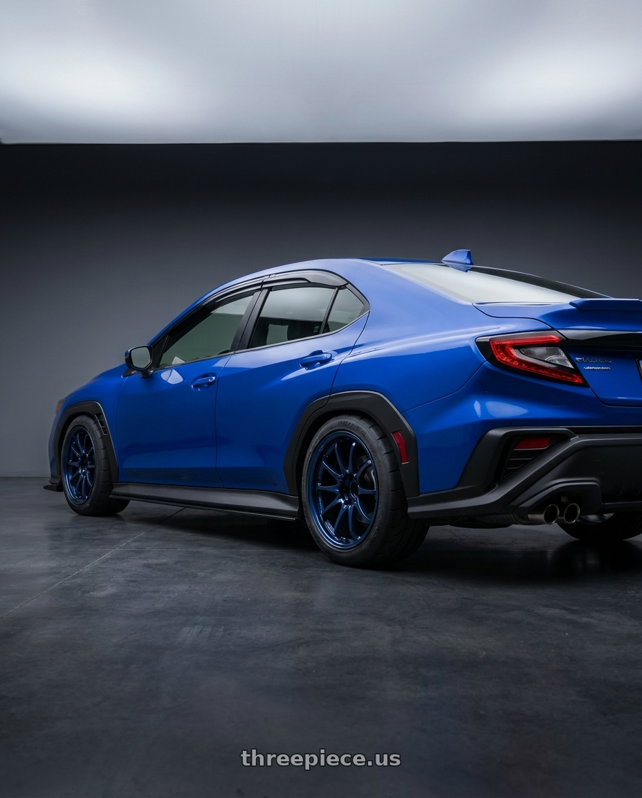 2023 subaru wrx with Volk Racing CE28N-PLUS 5x114.3 18x9.5 +45 MAG BLUE wheels rear three quarter view meaty tires