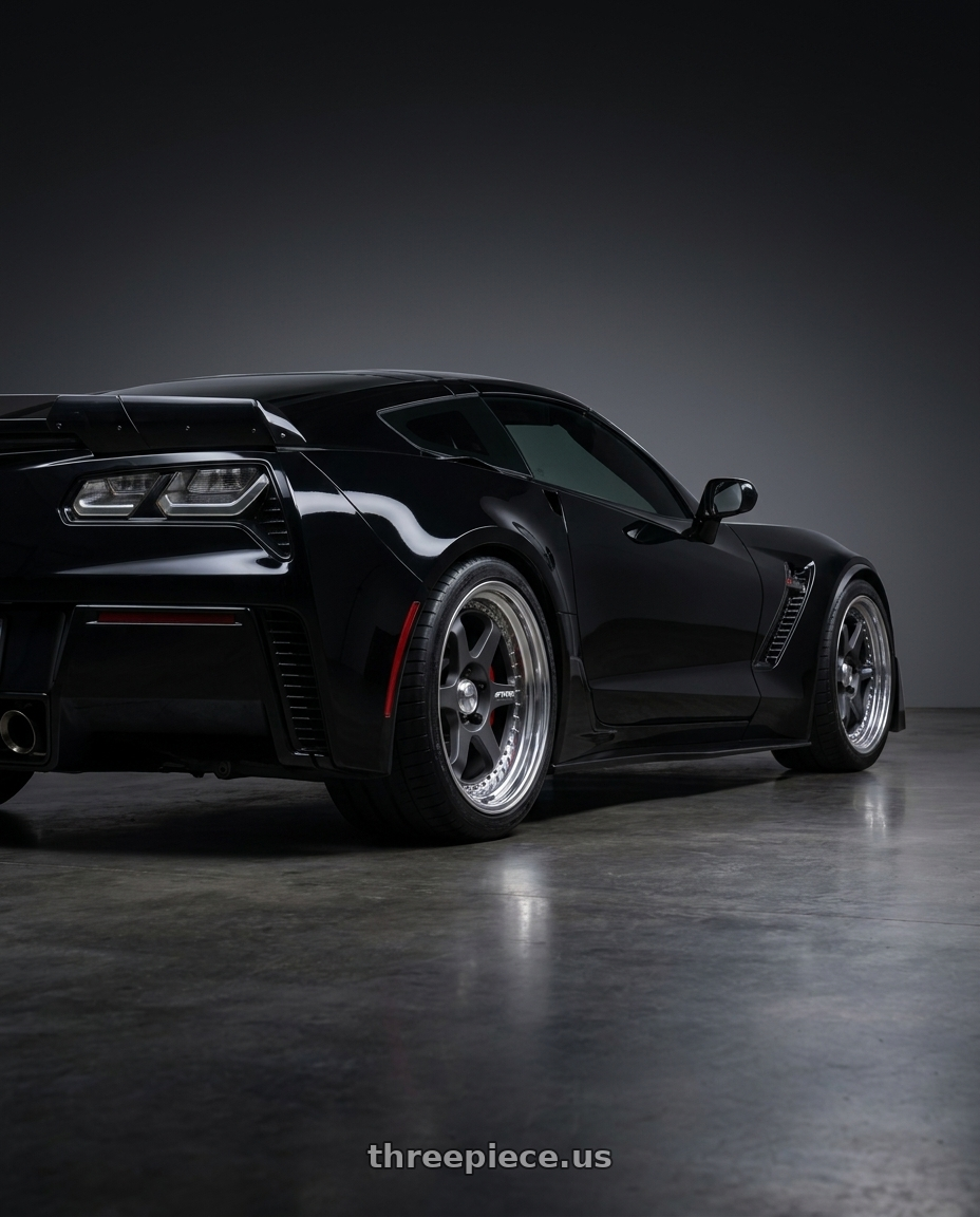 2017 Chevrolet Corvette Z06 with Work Meister L1 3P 5x120.65 19x10+31 A Disk Matte Gunmetal wheels rear three quarter view square tires