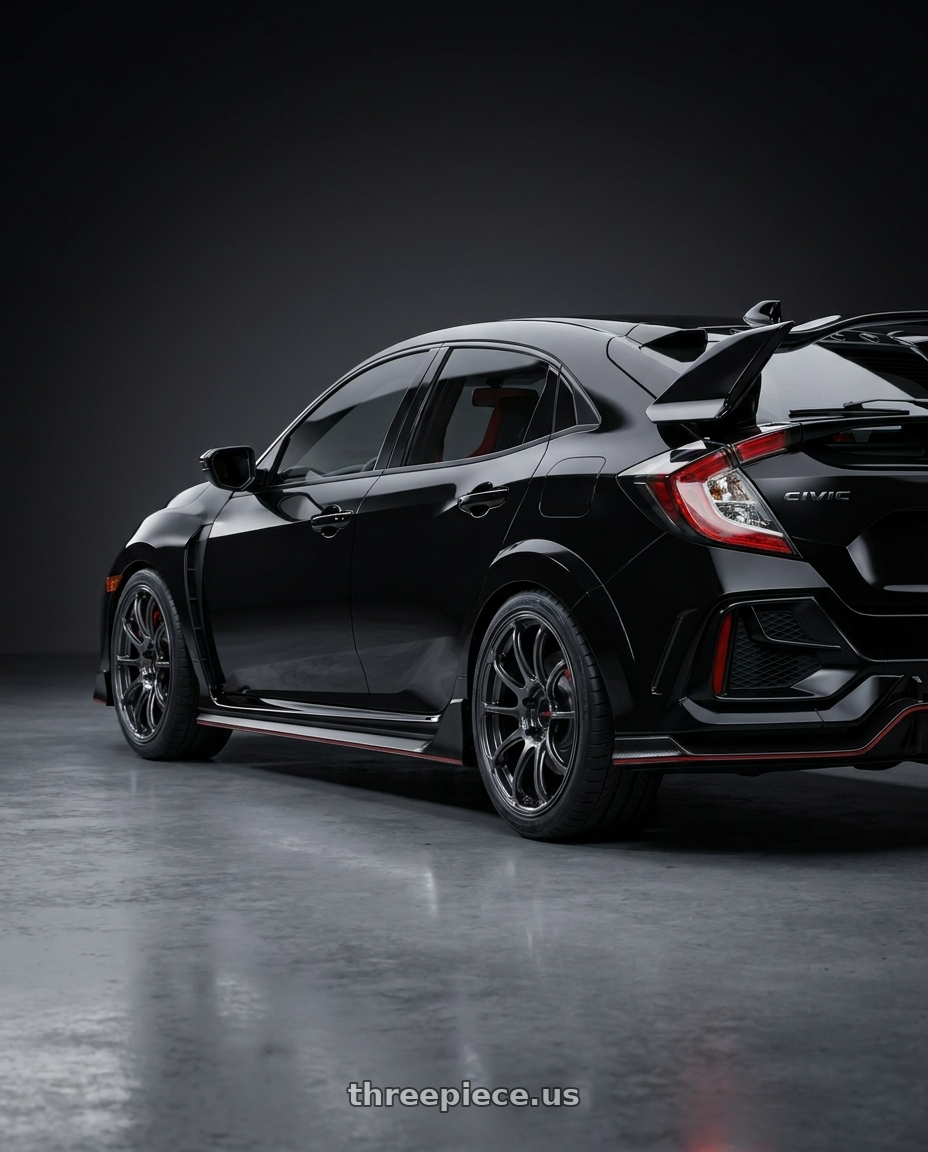 2021 Honda Civic Type R with Advan Racing RZ-F2 5x120 18x8.5 +35 RACING TITANIUM BLACK wheels rear three quarter view square tires