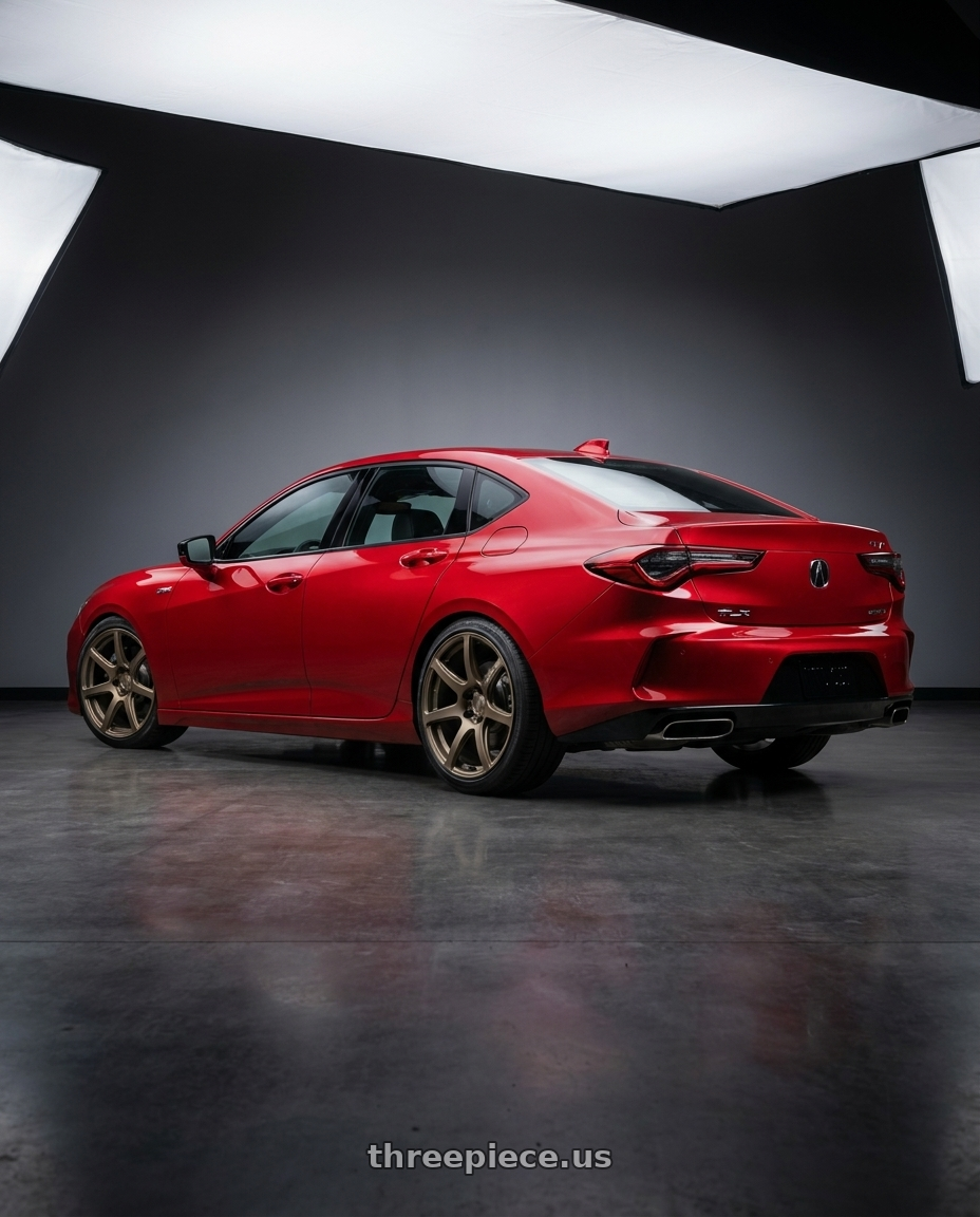 2021 Acura tlx with Work Emotion T7r 5x100 19x9.5 +38 Matte Bronze wheels rear three quarter view slight stretch tires