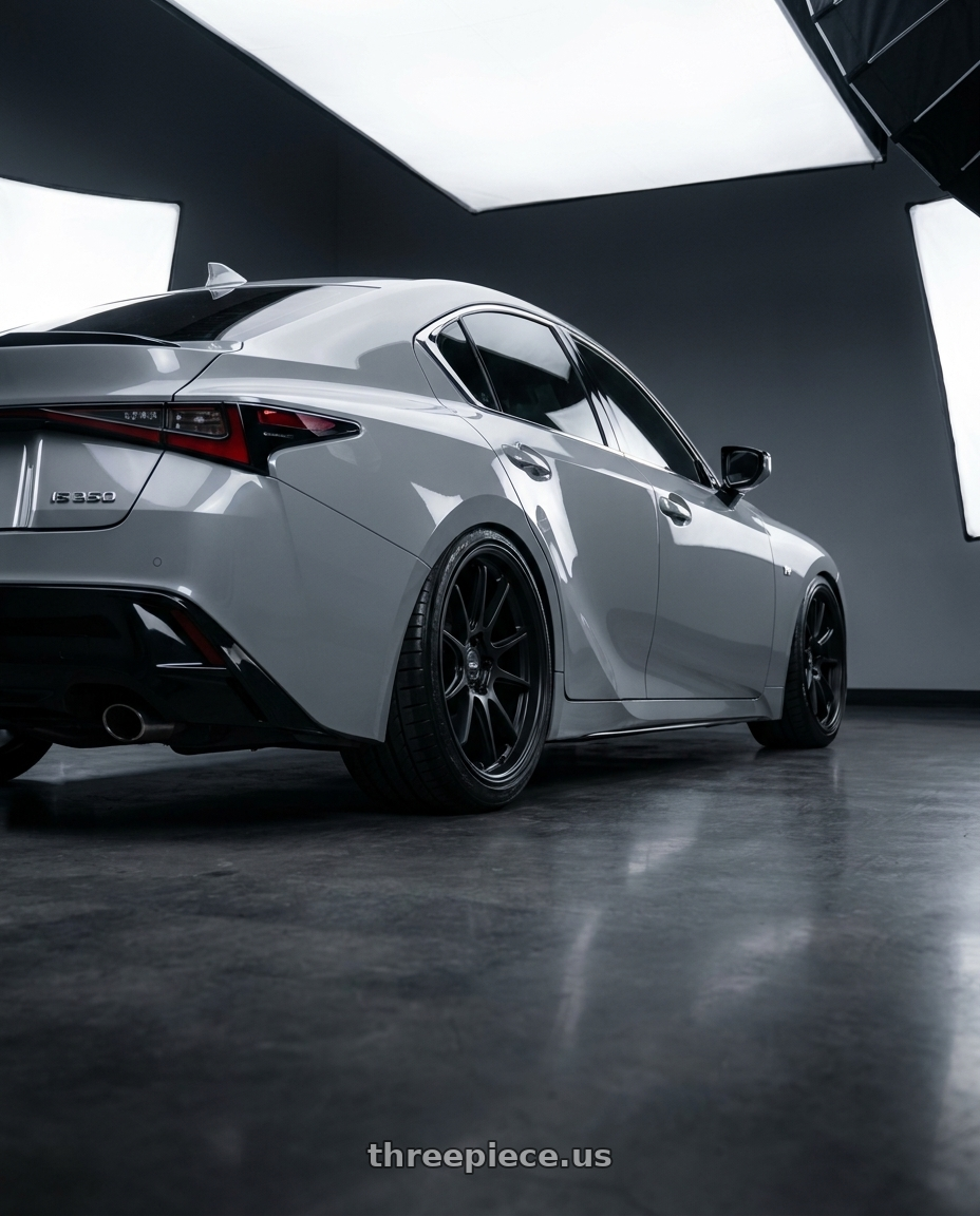 2021 Lexus IS350 Cloudburst Grey with ESR Wheels FORGETECH SERIES RF2 5x108 19x8.5 +30 Matte Black wheels rear three quarter view slight stretch tires