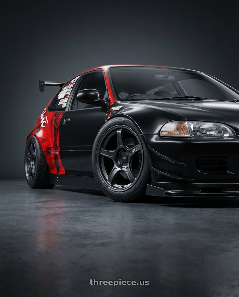 1993 Honda Civic eg5 with Ssr Gtx03 4x100 15x5+45  BLACK GRAPHITE wheels front three quarter view slammed stance