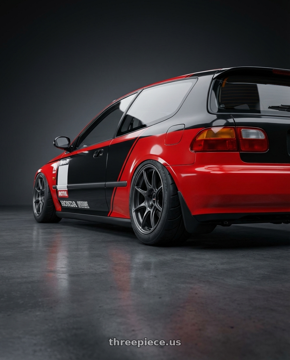 1993 Honda Civic eg5 with Ssr Gtx03 4x100 15x5+45  BLACK GRAPHITE wheels rear three quarter view meaty tires
