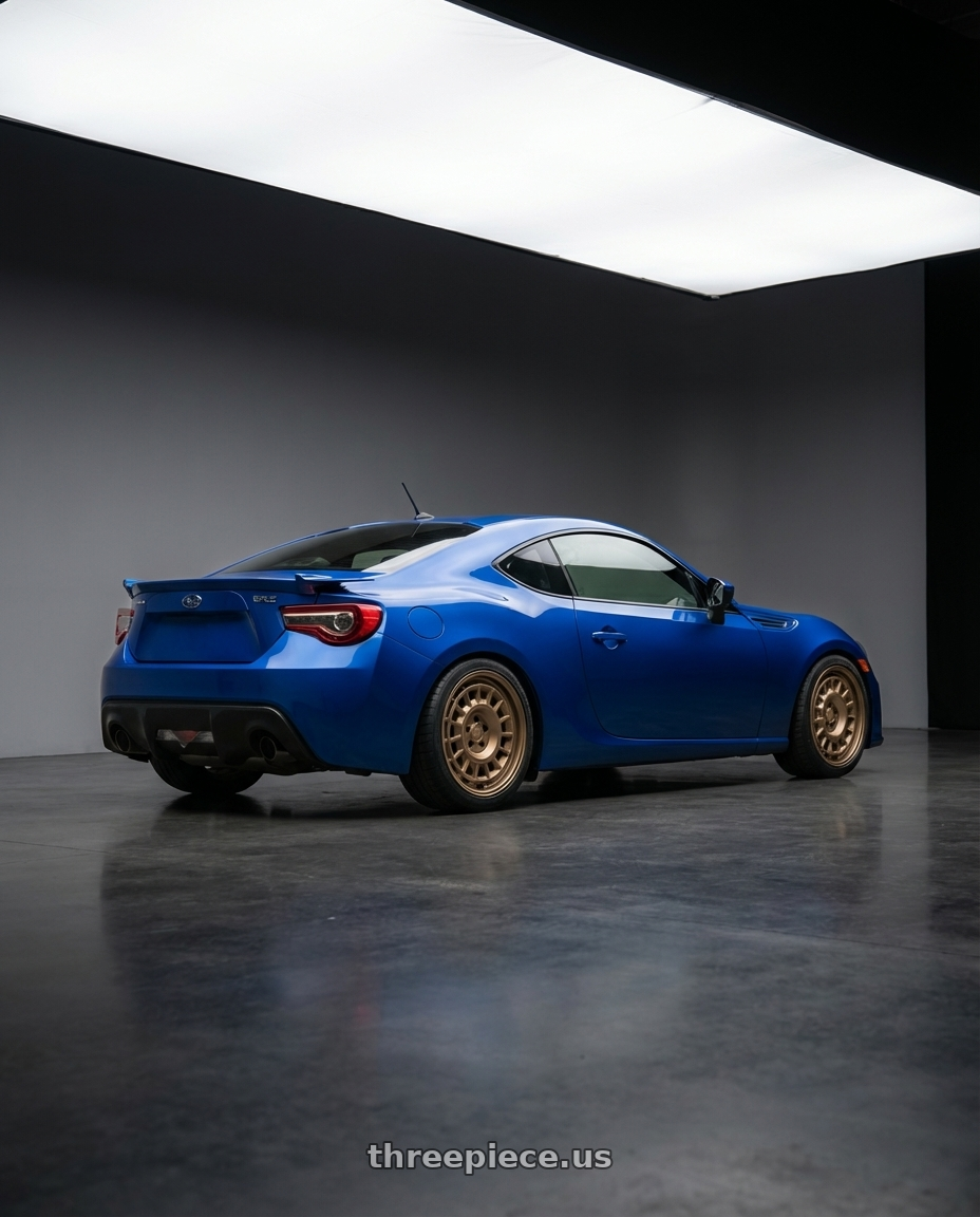 2017 Subaru BRZ with fifteen52 ALPEN MX 5x100 17x8 +38 DESERT BRONZE (MATTE BRONZE) wheels rear three quarter view square tires