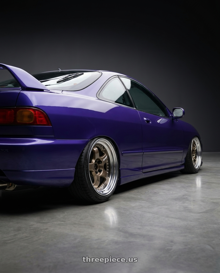 1998 acura integra with Work Meister S1 2P 4x100 15x5.5+38 A Disk Titanium Gold wheels rear three quarter view slight stretch tires