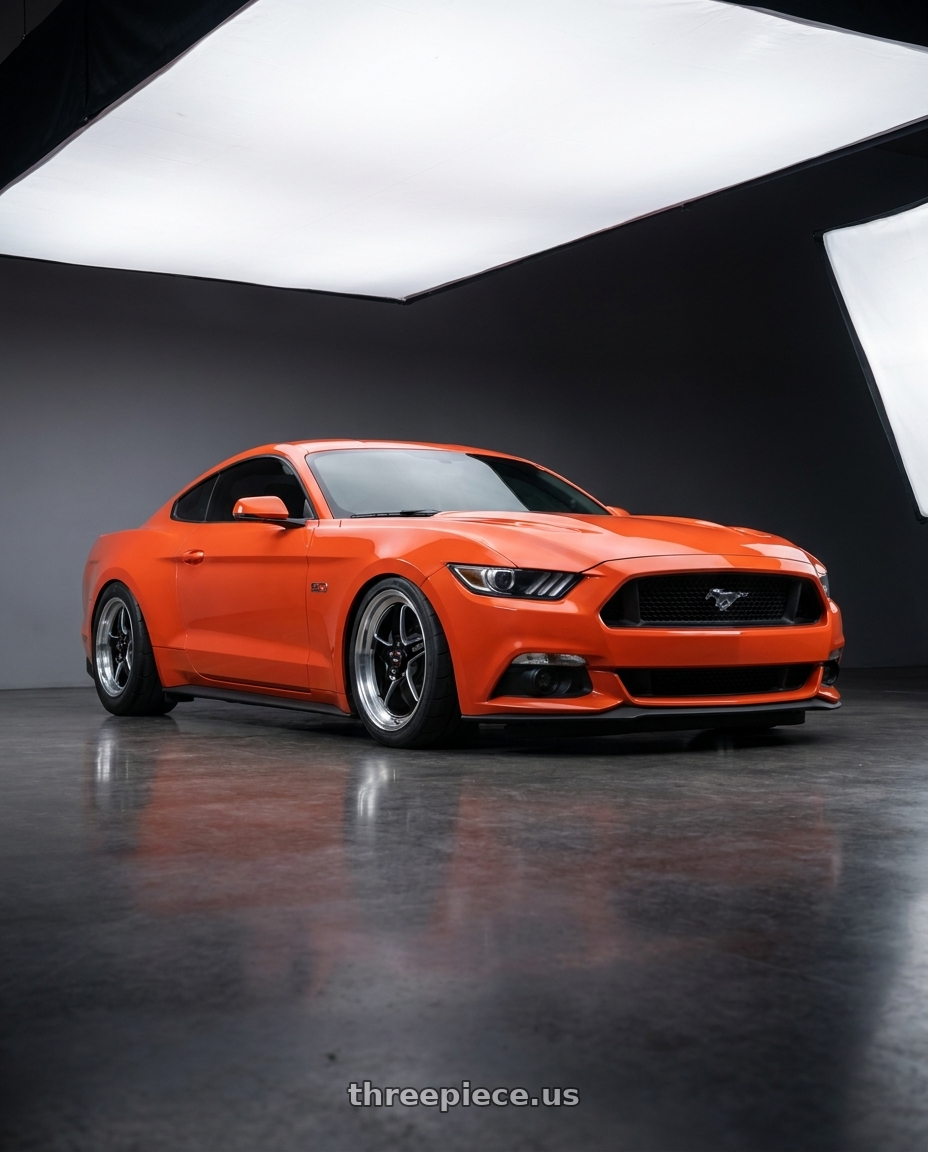 2015 Ford Mustang Gt competition orange with WELD Performance Ventura 5x114.3 20x11 +56 Gloss Black/Milled Diamond Cut Lip wheels
