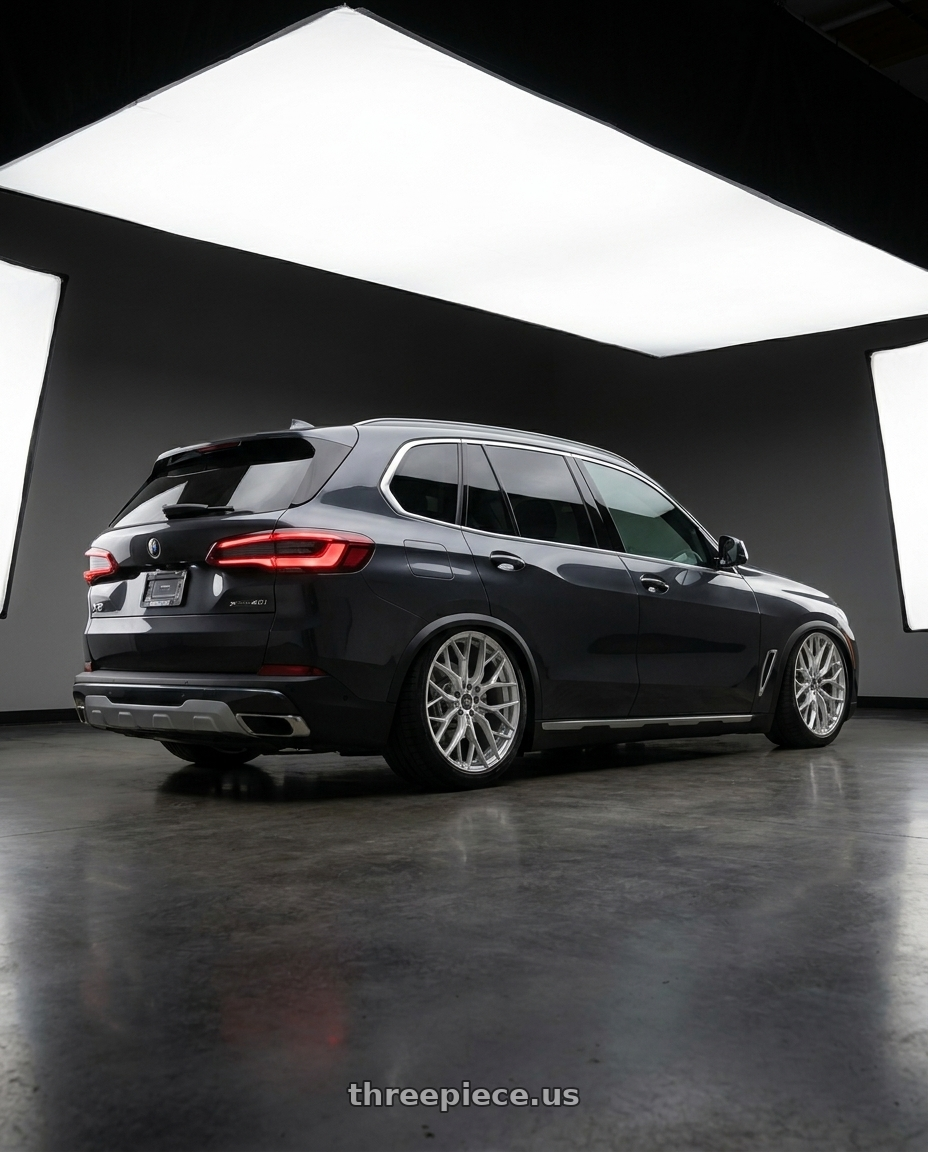 2020 Bmw x5 xdrive40i with F1R FS3 5x112 18x8.5 +35 Machine Silver wheels rear three quarter view slight stretch tires