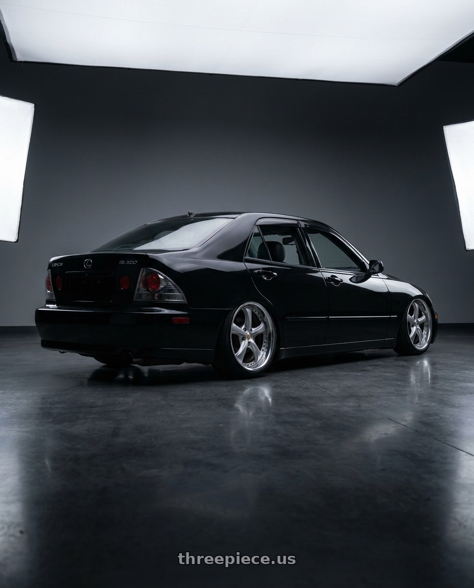 2004 Lexus IS300 Black with Work Wheels VS-KF 5x114.3 18x8+40 Light Grey Silver A Disk FULL REVERSE wheels rear three quarter view slight stretch tires