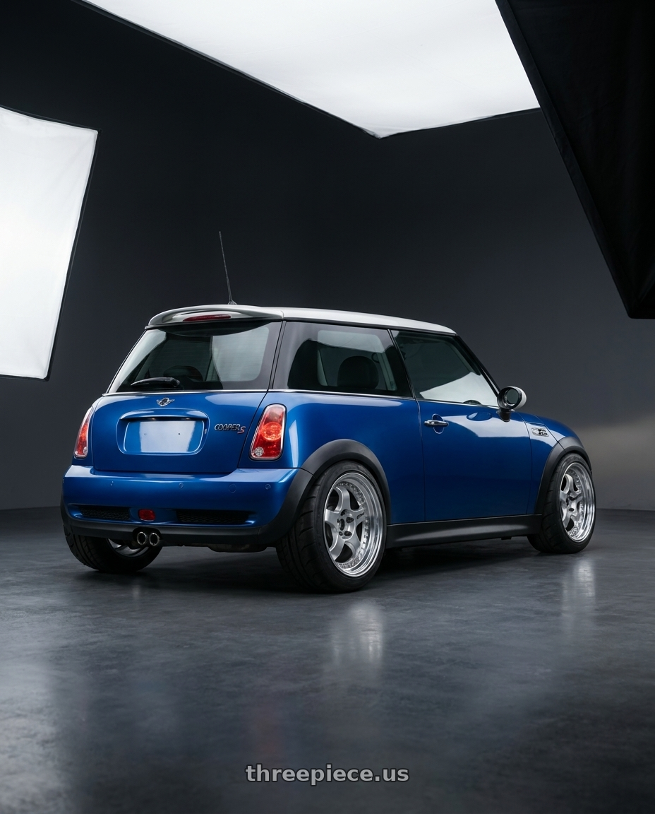 2005 mini Cooper s with Work Meister S1 3P 5x120 19x16-13 L Disk Silver wheels rear three quarter view meaty tires