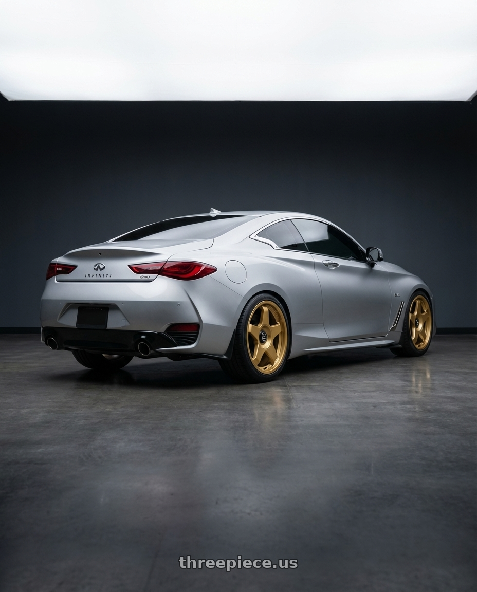 2020 Infiniti Q60 with fifteen52 CHICANE 5x114.3 / 5x120 19x8.5 +35 GOLD (GLOSS GOLD) wheels rear three quarter view square tires