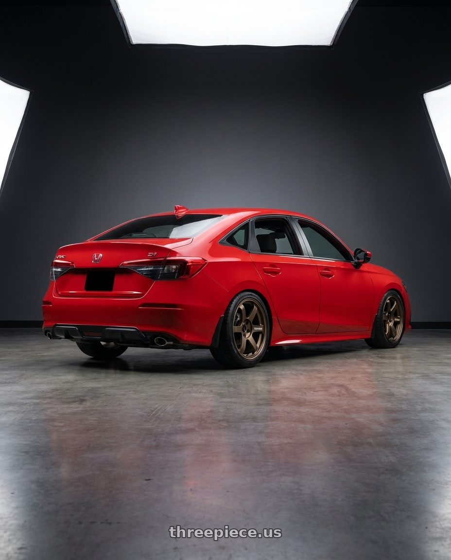 2026 Honda Civic Si with Volk Racing TE37 Saga S-Plus 5x114.3 18x8.5+35 Bronze wheels rear three quarter view slight stretch tires