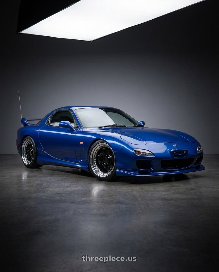 2000 blue mazda rx7 spirit R with Work Meister S1 3P 5x100 18x7+48 A Disk Black wheels