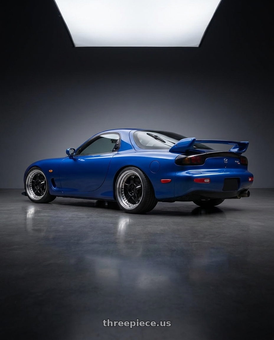 2000 blue mazda rx7 spirit R with Work Meister S1 3P 5x100 18x7+48 A Disk Black wheels rear three quarter view square tires