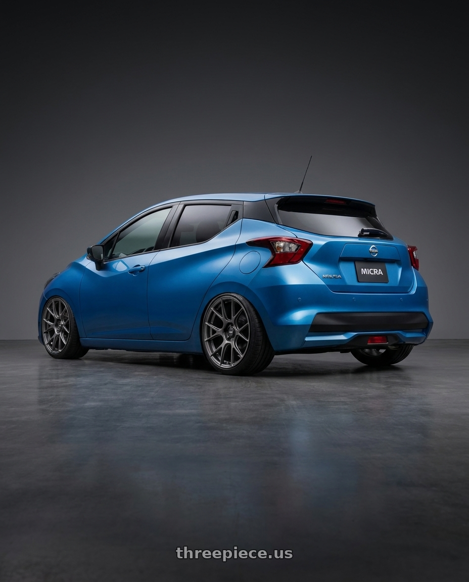 2026 Nissan Micra with Konig Ampliform 5x114.3 20x11+22 Dark Metallic Graphite wheels rear three quarter view extreme stretch tires