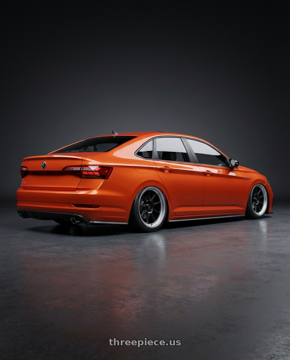 2023 Volkswagen Jetta GLI MK7 with Konig Countergram 5x112 19x9.5+30 Matte Black / Matte Machined Lip wheels rear three quarter view slight stretch tires