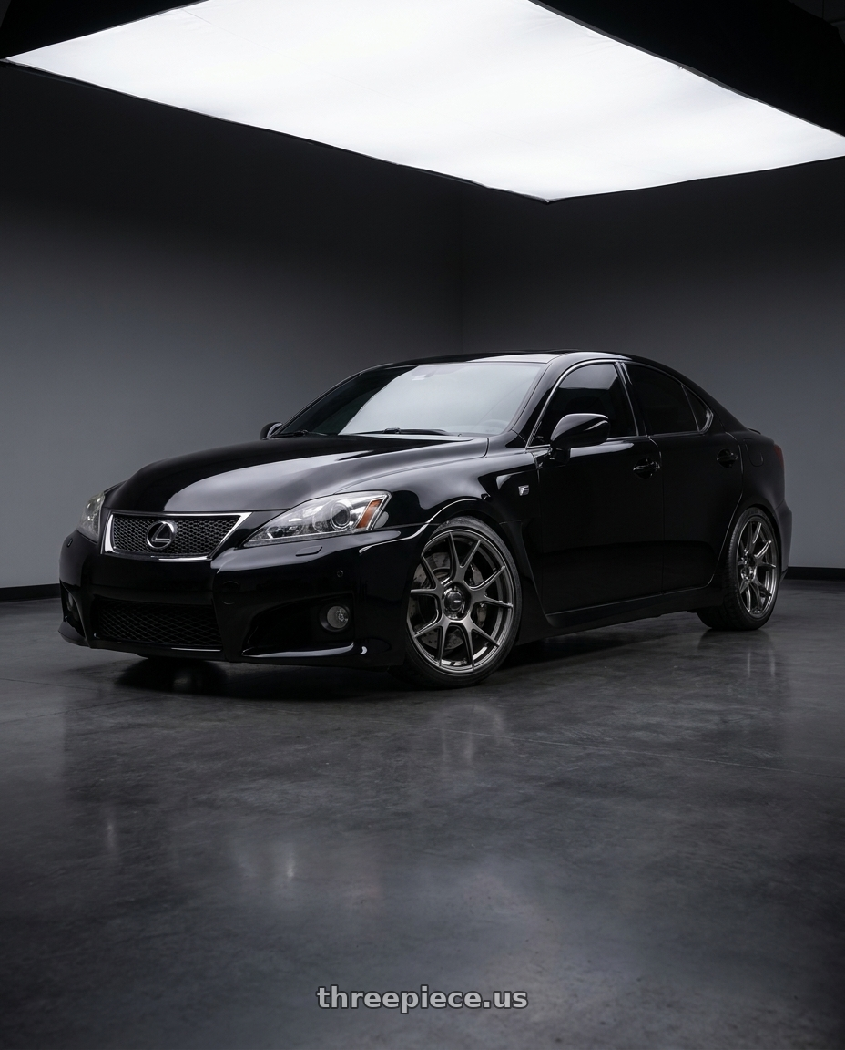 2010 Lexus IS F with Konig Ampliform 5x114.3 19x9.5+35 Dark Metallic Graphite wheels front three quarter view lowered stance