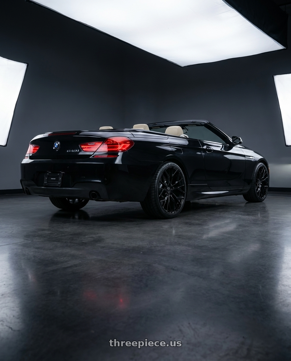 2016 bmw 640i convertible with MARQUEE WHEELS M1004 5x120 20x9+33 GLOSS BLACK wheels rear three quarter view square tires