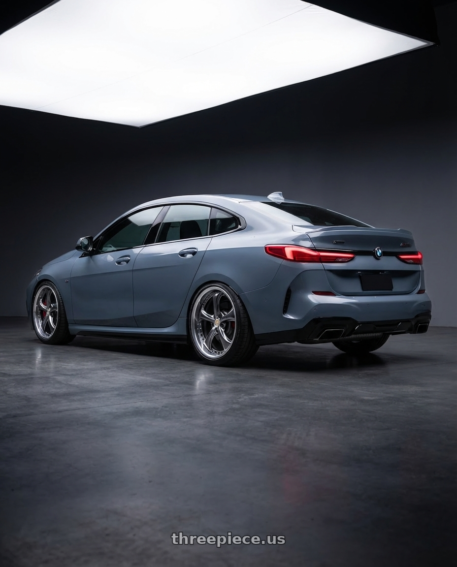 2021 BMW M235i xDrive, Storm Bay Metallic with Work Wheels VS-KF 5X114.3 19x9.5+21 Brilliant Silver Black A Disk FULL REVERSE wheels rear three quarter view slight stretch tires