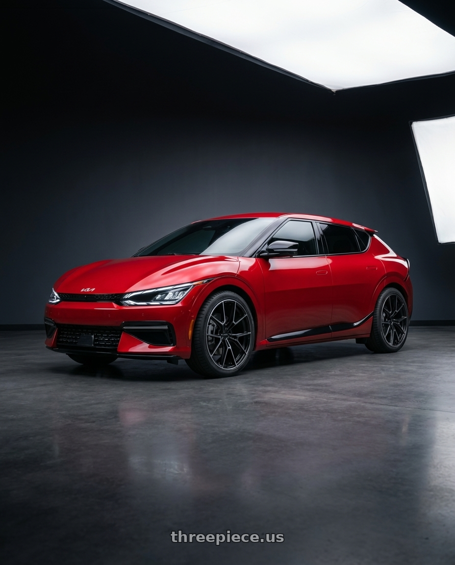 2024 kia ev6 with DEFIANT DF09 5x120 20x9+40 Black wheels front three quarter view stock stance