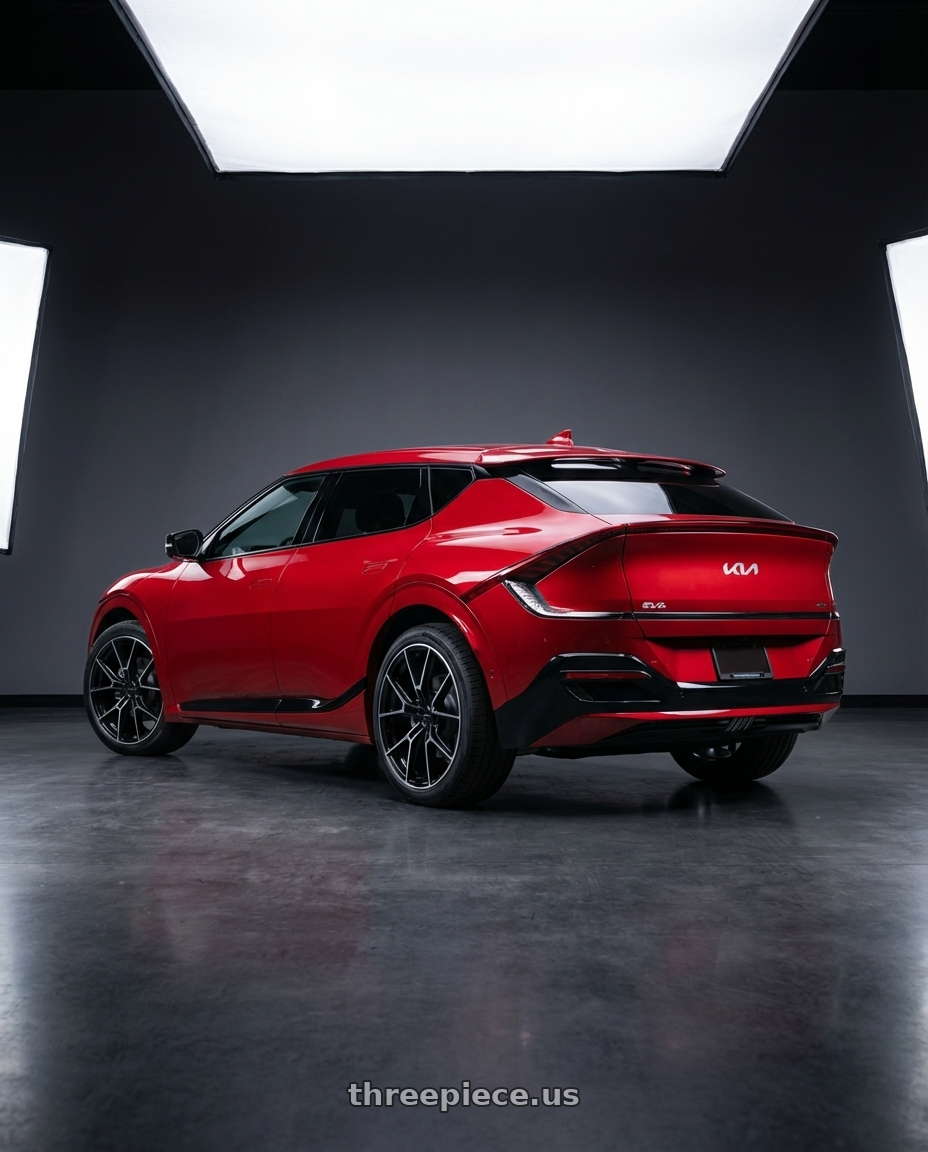 2024 kia ev6 with DEFIANT DF09 5x120 20x9+40 Black wheels rear three quarter view square tires