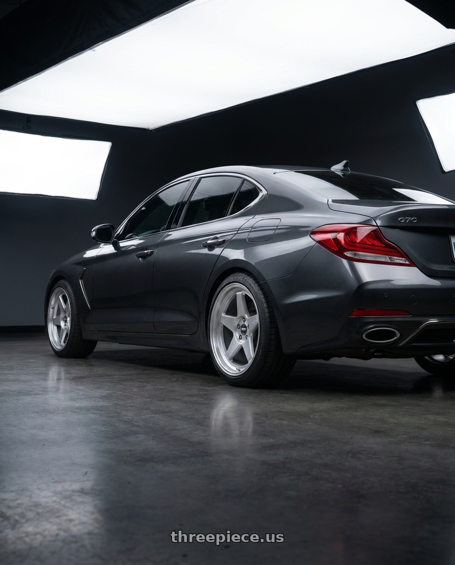 2019 Genesis G70 with ESR Wheels CR SERIES CR5 5x110 19x10 +35 Hyper Silver wheels rear three quarter view slight stretch tires