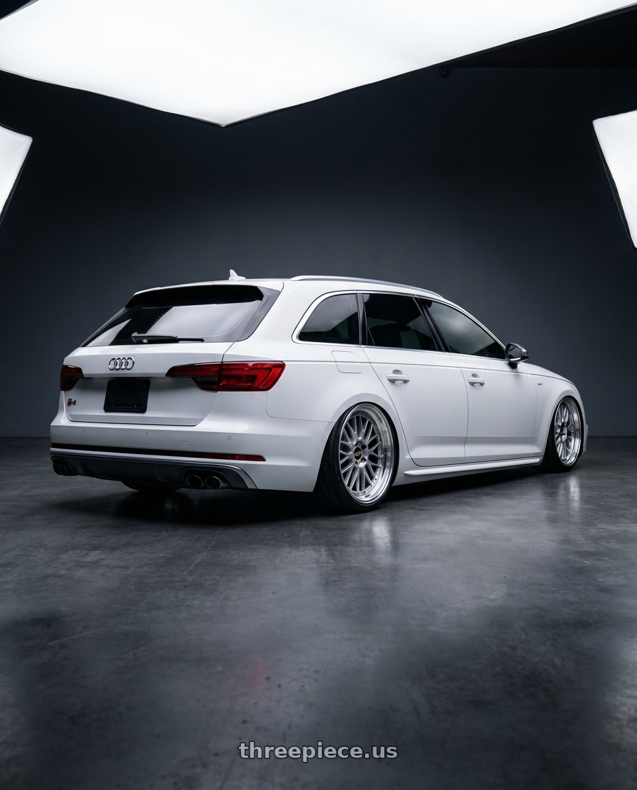 2016 Audi s4 avant with BBS LM 5x114.3 19x9.0+38 Diamond Silver wheels rear three quarter view extreme stretch tires