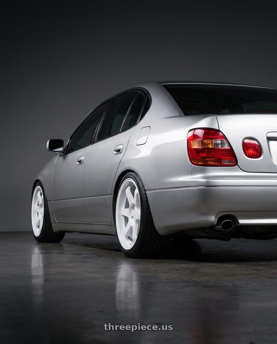 2002 lexus gs430 with 9six9 SIX-1 5x114.3 17X8 +35 Competition White wheels rear three quarter view square tires