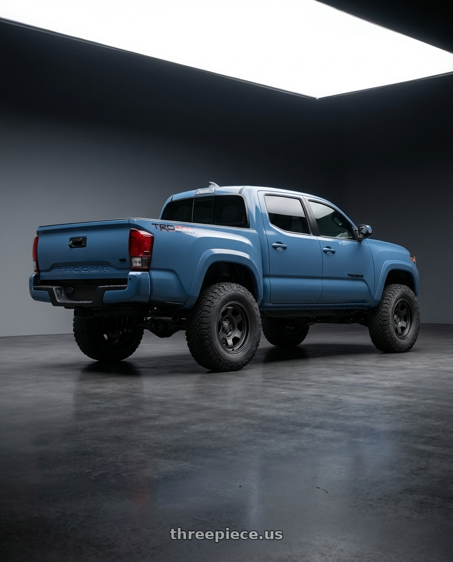 2019 Toyota Tacoma TRD Sport with fifteen52 PATROL HD 6x139.7 17x8.5 +0 ASPHALT BLACK (SATIN BLACK) wheels rear three quarter view meaty tires