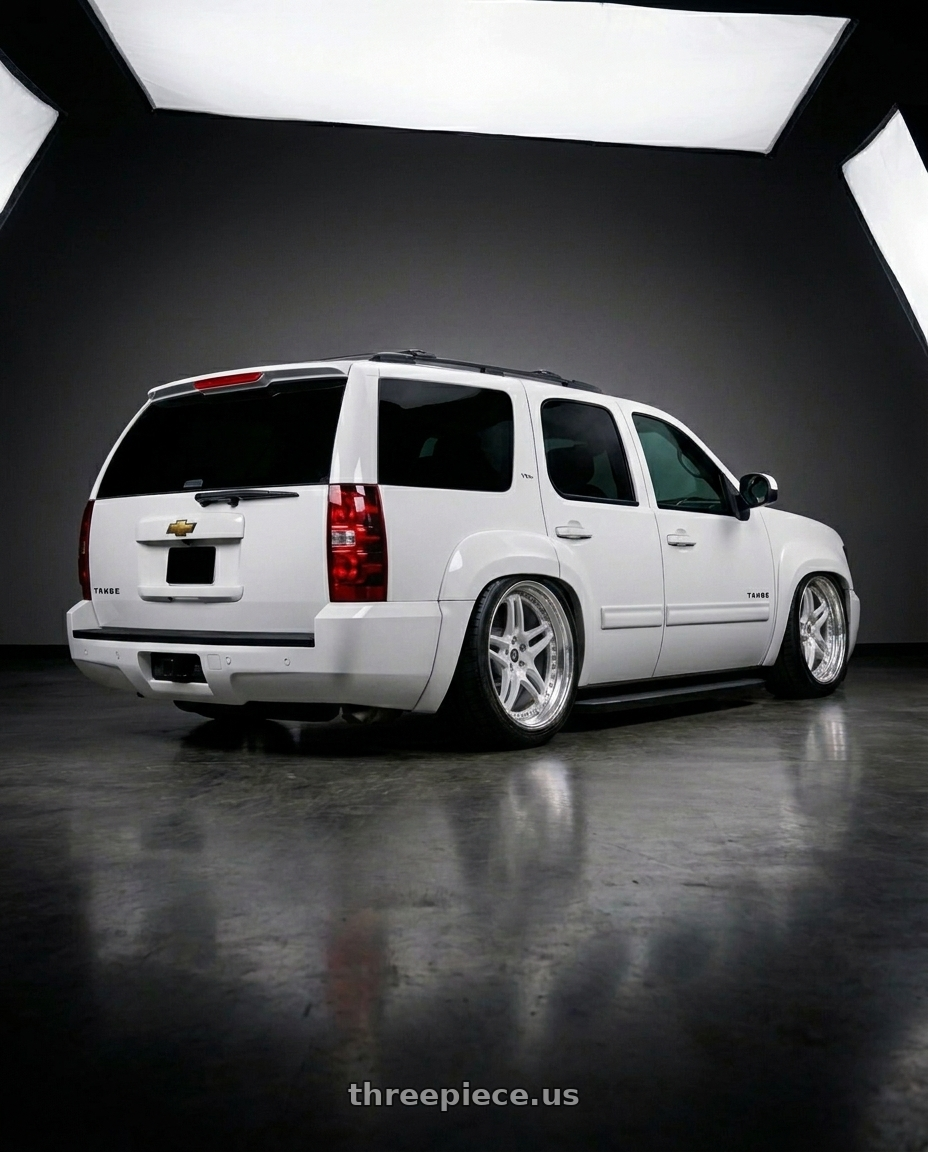 2011 Chevy Tahoe with HERITAGE WHEEL EBISU MONOC 5x120 20x9 +25 WHITE wheels rear three quarter view slight stretch tires