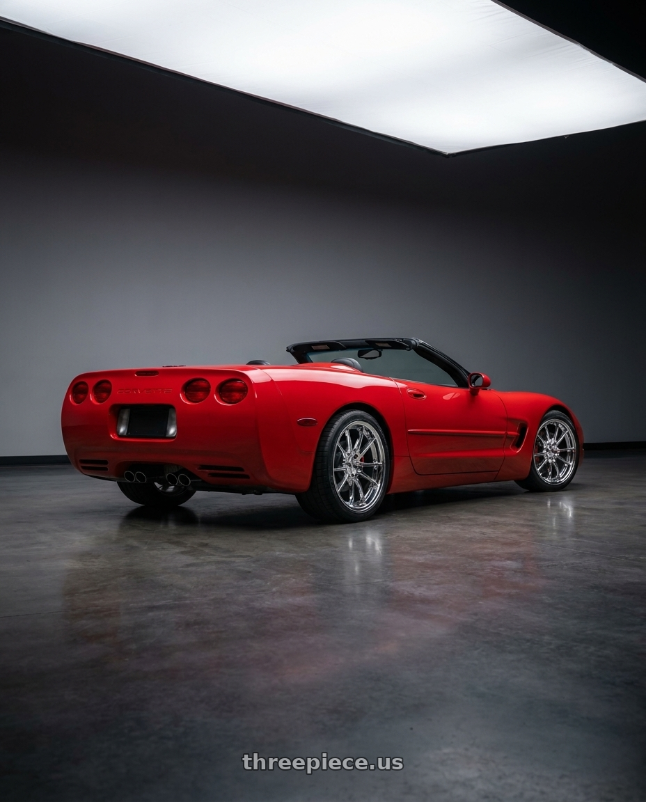 1999 Chevrolet Corvette  with OE Wheels CV04 5x120.65 18x10.5+56 Chrome wheels rear three quarter view square tires