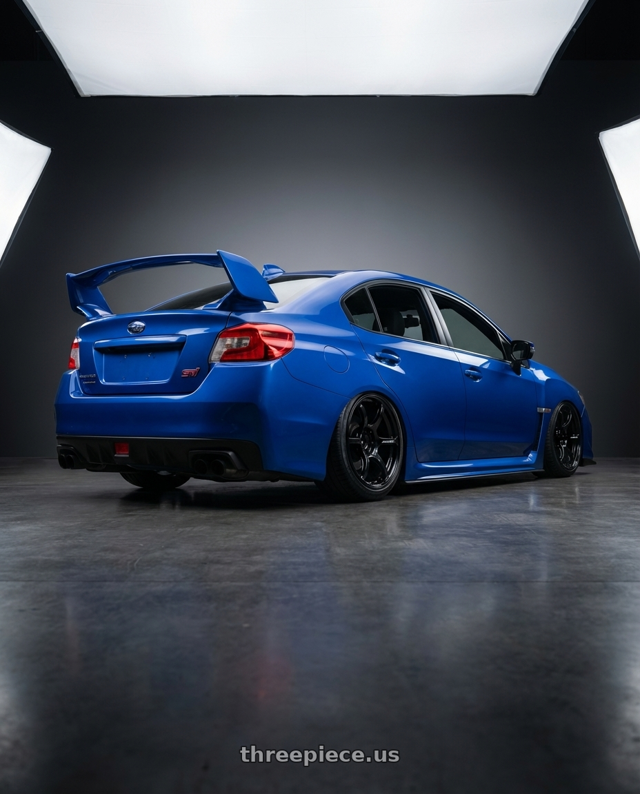 2018 Subaru WRX STI with Advan RGIII 5x114.3 18x8.5+31 Gloss Black wheels rear three quarter view slight stretch tires