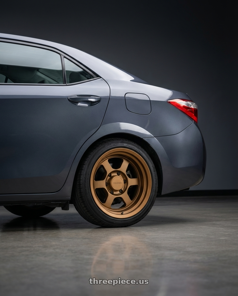 2018 Toyota Corolla with 9six9 SIX-1 Deep 6x139.7 17X8.5 -10 Matte Bronze wheels rear three quarter view square tires
