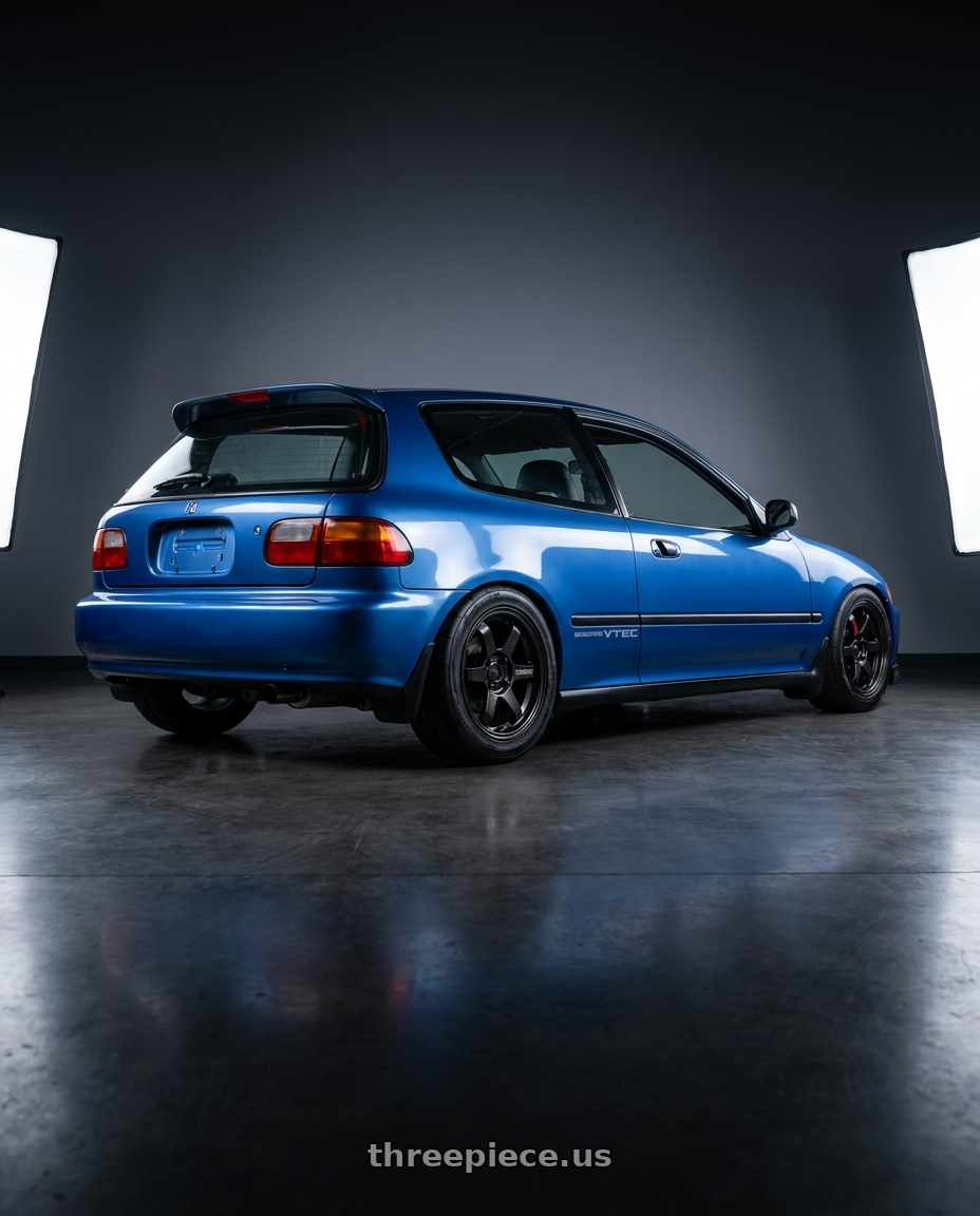 1993 Honda Civic with Volk Racing TE37 SONIC 4x100 15x7+35 wheels rear three quarter view meaty tires