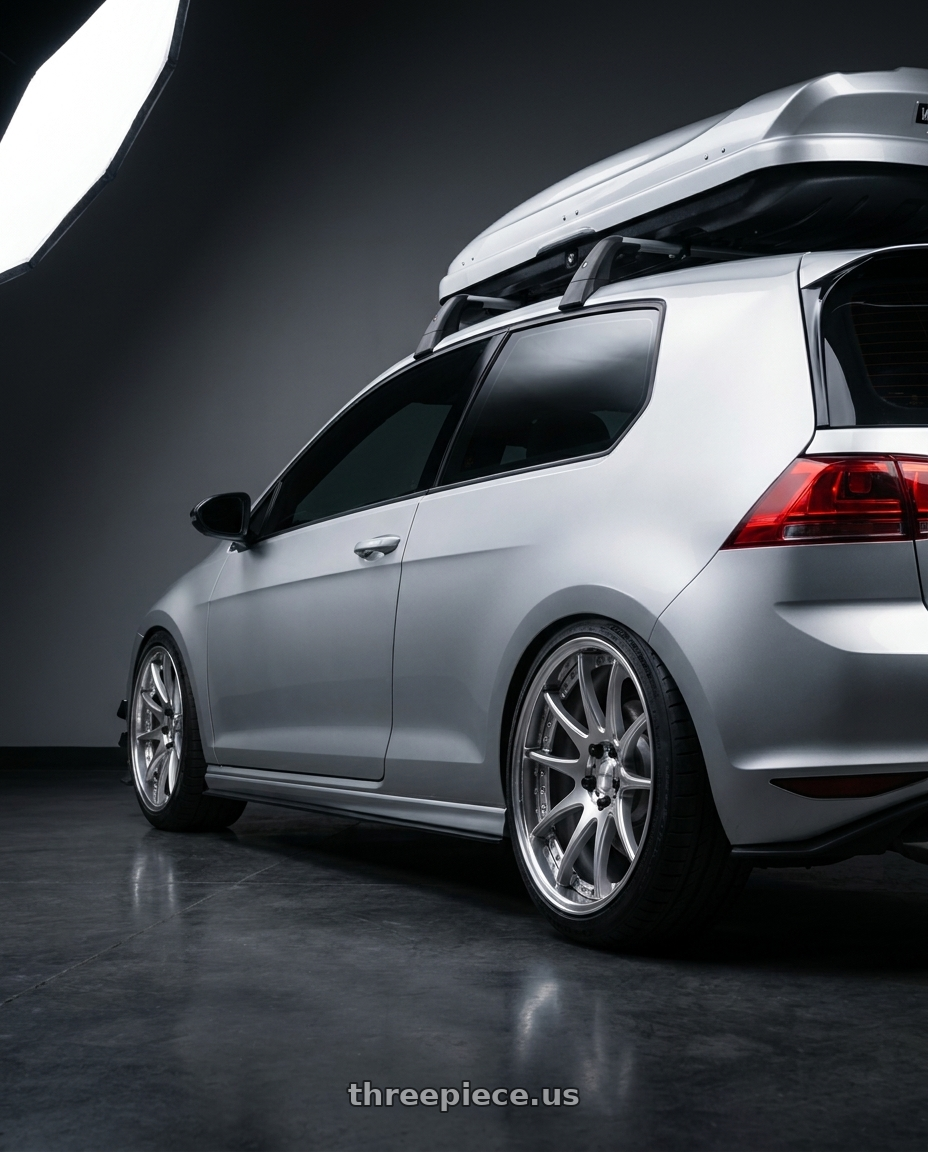2015 VW GTI with Work Emotion Cr 3P 5x112 19x9+40 R Disk Burning Silver wheels rear three quarter view square tires