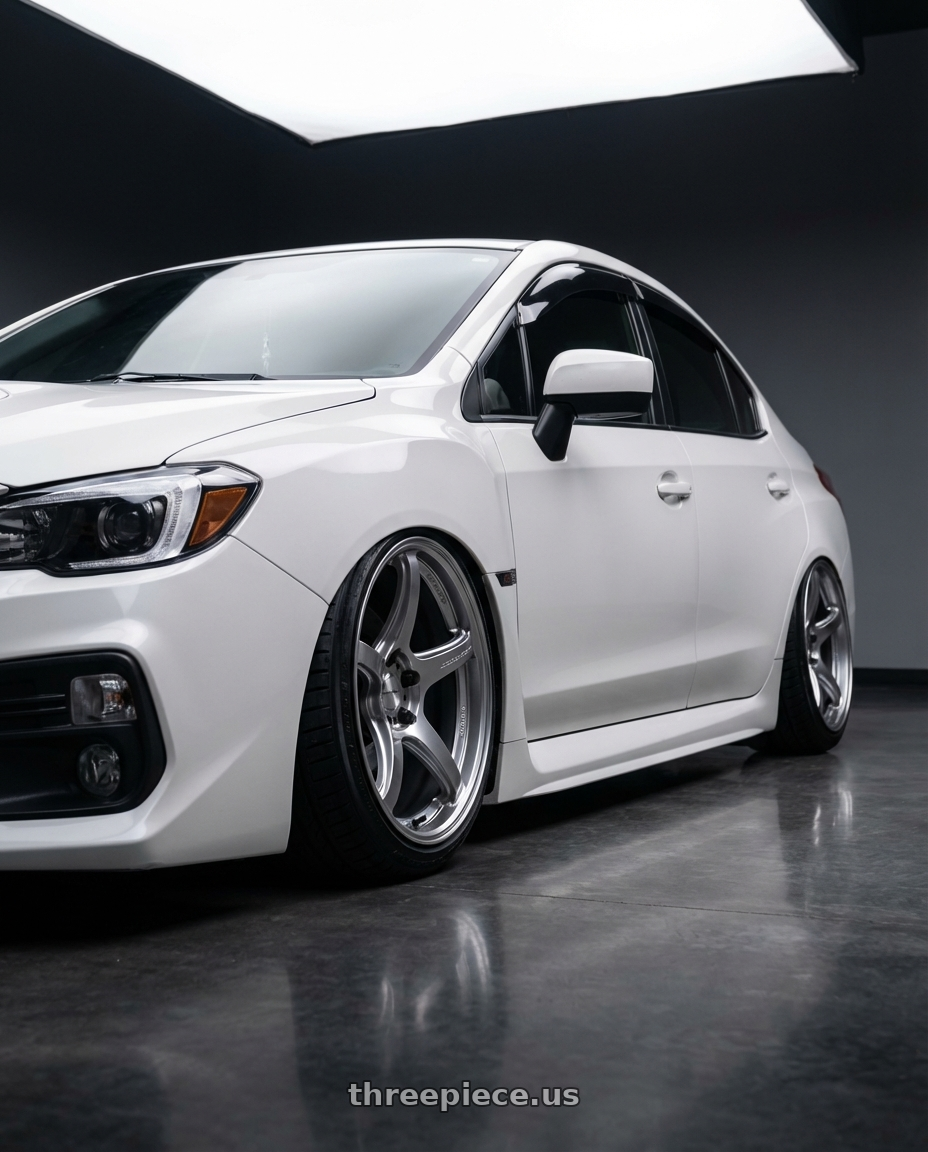 2015 Subaru wrx  with Work Emotion T5r 5x114.3 18x9.5 +12 Glow Silver wheels front three quarter view stanced stance