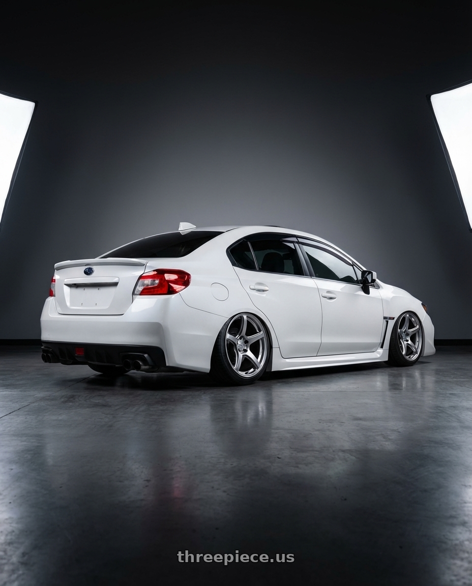 2015 Subaru wrx  with Work Emotion T5r 5x114.3 18x9.5 +12 Glow Silver wheels rear three quarter view extreme stretch tires