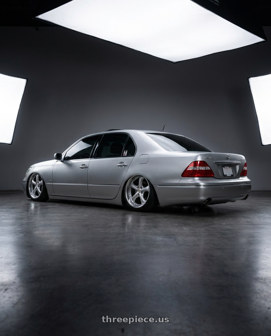 2004 lexus ls430 with Work Wheels VS-KF 5x114.3 18x9+40 Light Grey Silver A Disk FULL REVERSE wheels rear three quarter view extreme stretch tires
