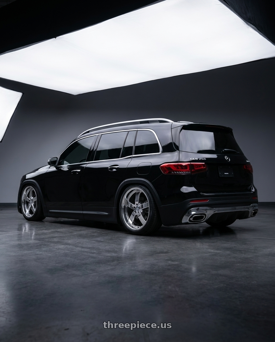 2021 Mercedes GLB 250 with Beyern RAPP 5X120 18X8.5 +40 CHROME wheels rear three quarter view square tires