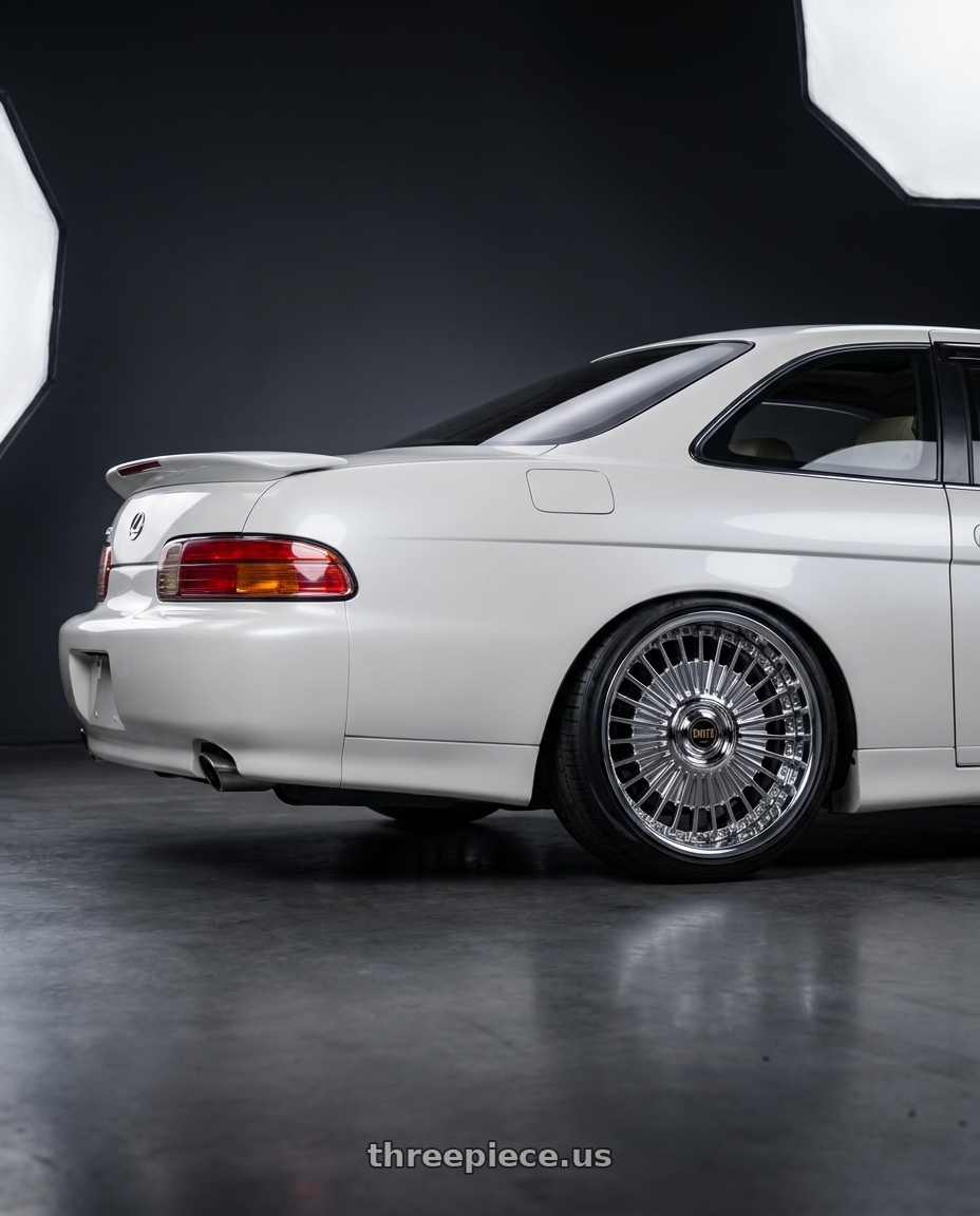 1998 Lexus SC400 with Work Emitz Chrome 5x114.3 19x8.5 +18 wheels rear three quarter view square tires