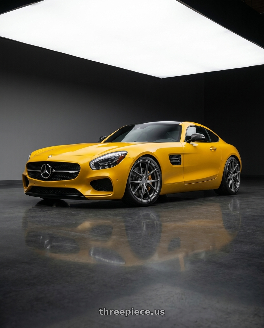 2019 Mercedes-Benz AMG GT with Niche 1PC M116 MISANO 5X112 19X9.5 +50 MATTE GUN METAL wheels front three quarter view lowered stance