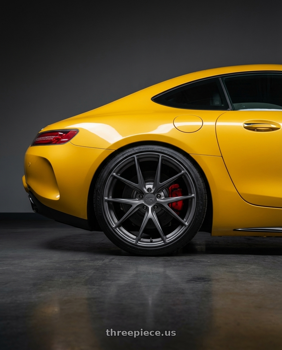 2019 Mercedes-Benz AMG GT with Niche 1PC M116 MISANO 5X112 19X9.5 +50 MATTE GUN METAL wheels rear three quarter view square tires