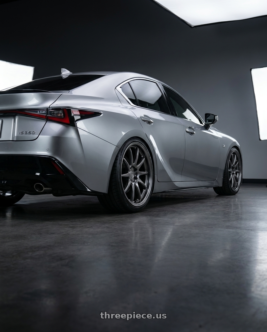 2021 Lexus IS350 Cloudburst Grey with Aodhan DS02 5x114.3 19x8.5+35 Hyper Black wheels rear three quarter view square tires