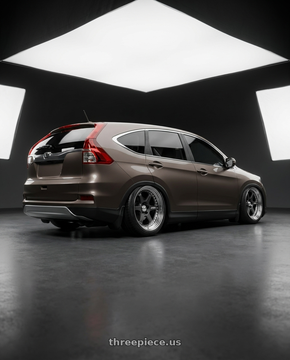 2016 honda crv with Work Meister L1 3P 5x100 18x8+6 A Disk Matte Gunmetal wheels rear three quarter view slight stretch tires