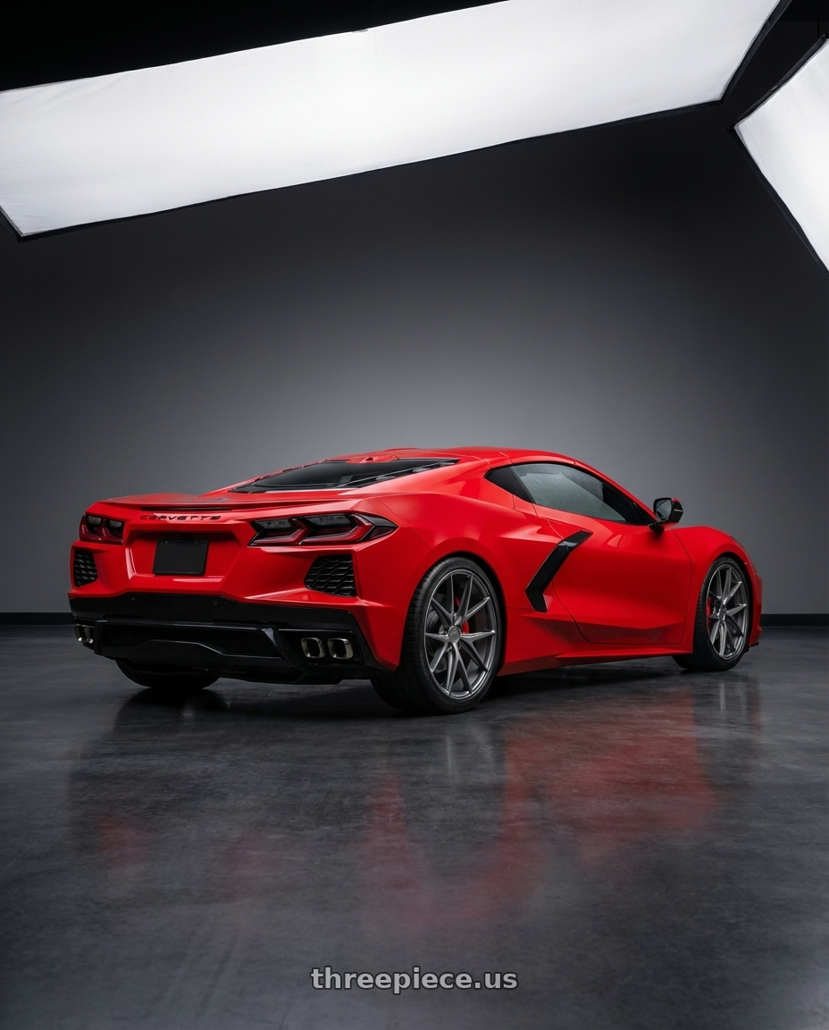 2024 Chevrolet Corvette C8 with Niche 1PC M116 MISANO 5X120.65 19X8.5 +50 MATTE GUN METAL wheels rear three quarter view square tires