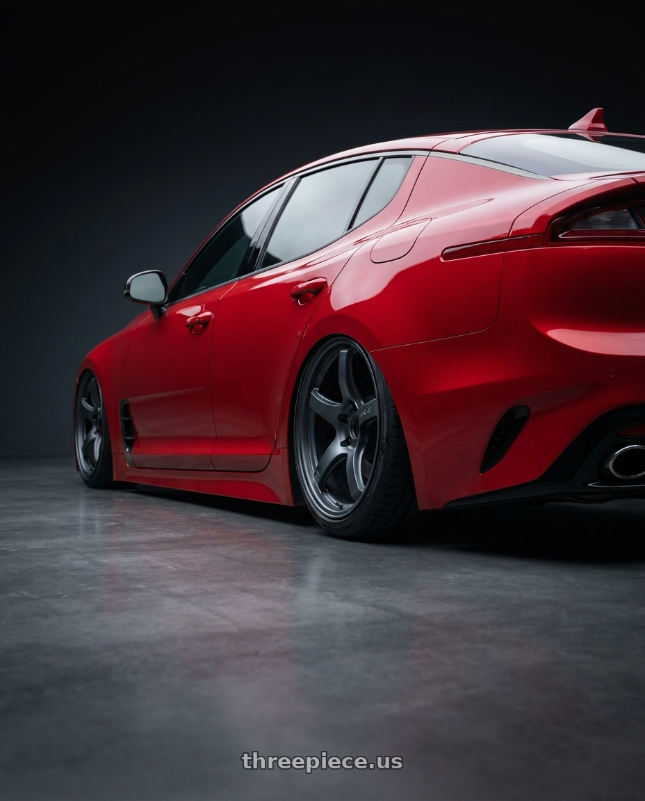 2022 Kia Stinger GT with Gram Lights 57CR 5x114.3 19x9.5+25 Gunblue II wheels rear three quarter view slight stretch tires